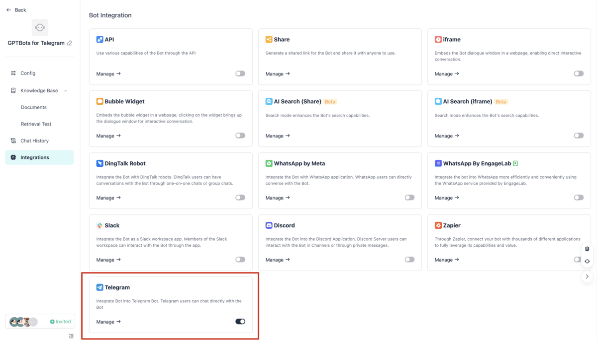 GPTBots Telegram chatbot dashboard interface preview